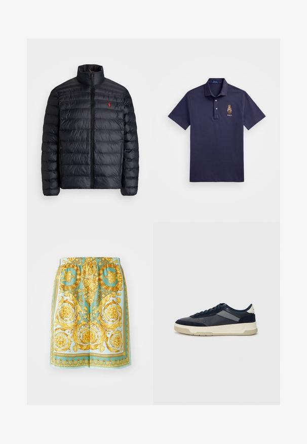 Casaco puffer preto com gola alta, apresentando textura acolchoada e um fecho à frente. Logotipo vermelho notável no peito, dois bolsos laterais.; Polo Ralph Lauren CUSTOM SLIM POLO BEAR MESH POLO SHIRT - Polo - faded blue bear; Calções em um vibrante turquesa com intrincados padrões florais e barrocos em dourado, apresentando uma cintura elástica e um corte descontraído.; BOSS BALTIMORE - Sapatilhas - open blue