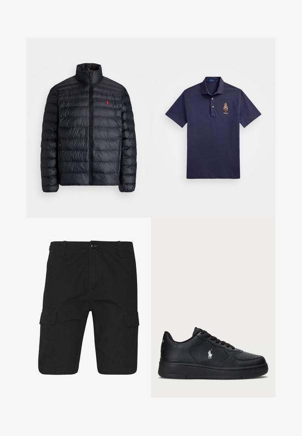 Schwarze Daunenjacke mit hohem Kragen, mit gestepptem Design und einem frontalen Reißverschluss. Auffälliges rotes Logo auf der Brust, zwei Seitentaschen.; Polo Ralph Lauren CUSTOM SLIM POLO BEAR MESH POLO SHIRT - Poloshirt - faded blue bear; Schwarze Cargo-Shorts mit geradem Schnitt, ausgestattet mit zwei seitlichen Taschen, kontrastierenden Nähten und einem Knopfverschluss an der Taille.; Schwarze Ledersneaker mit einem perforierten Design, flacher Schnürverschluss und einem weißen gestickten Logo an der Seite. Dicke schwarze Gummisohle.