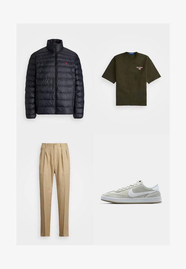 Black puffer jacket with a high collar, featuring quilted texture and a front zipper. Notable red logo on the chest, two side pockets.; Olive green t-shirt with short sleeves, crew neck, and embroidered "POLO SPORT" logo on the left chest, featuring an American flag detail.; Beige linen trousers with a straight cut, featuring two front pleats, a button closure, and side pockets. Textured fabric with a smooth finish.; Gray suede sneakers with a white leather Swoosh logo, featuring white laces, a solid rubber sole, and a textured tongue.