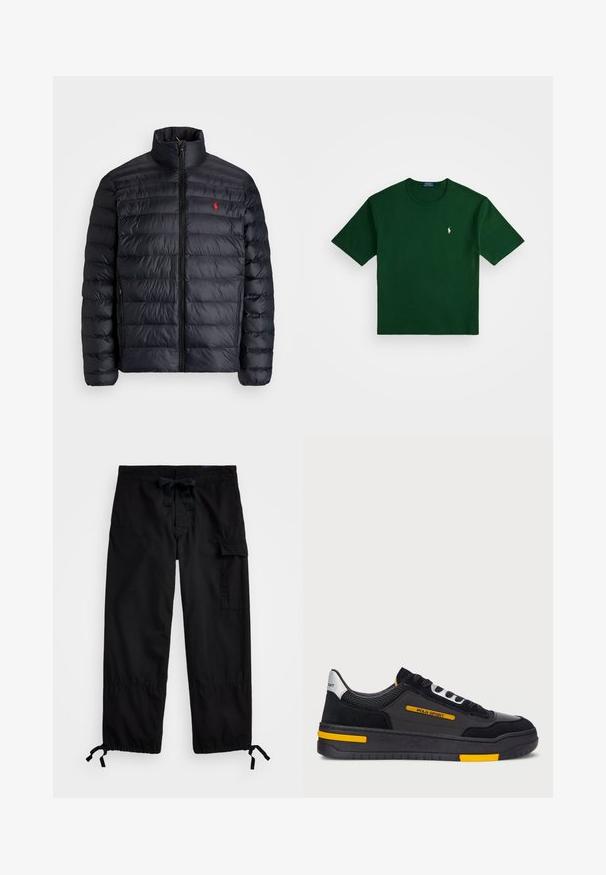 Svart puffjakke med høy krage, med kviltet tekstur og frontglidelås. Merkbar rød logo på brystet, to sidelommer.; Polo Ralph Lauren RELAXED FIT LOGO JERSEY T-SHIRT - T-shirts med print - northwest pine; Sorte cargo bukser med elastisk talje og snorebetaling. Har sidelommer og justerbare mansjetter med stoppere. Laget av lett stoff.; Svarte joggesko med overdel i semsket skinn og netting, gule detaljer og en tykk svart såle. Snøring og "POLO SPORT" merke på siden.