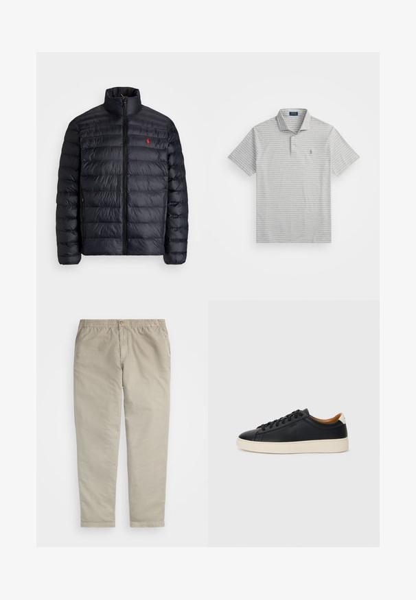 Črna napihnjena jakna z visokim ovratnikom, z quiltano teksturo in sprednjim zadrgo. Opazen rdeč logotip na prsih, dve stranski žepu.; Sivá polo majica s tankimi belimi črtami, kratkimi rokavi, z gumbom s tremi gumbi in majhnim logotipom na levem prsnem delu. Narejena iz mehke bombažne tkanine.; Khačaste hlače z elastičnim pasom, gumbom za zapiranje in stranskimi žepi. Narejene iz mehke, lahke bombažne tkanine, ravne noge.; Črne usnjene superge z gladko teksturo, bež gumijastim podplatom, zavezovalnim dizajnom in kontrastnim nagibom na peti.