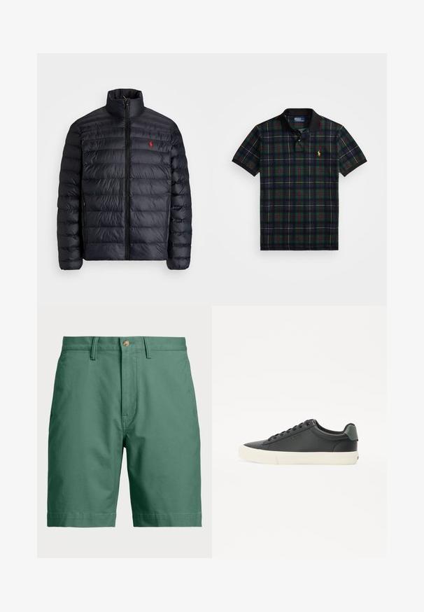 Black puffer jacket with a high collar, featuring quilted texture and a front zipper. Notable red logo on the chest, two side pockets.; Dark green, navy, red, and yellow plaid polo shirt with black collar and sleeve cuffs, featuring a small yellow embroidered logo on the chest.; Green cotton shorts with a button closure and belt loops. Simple design with a straight cut and no visible patterns or accents.; Black leather sneaker with a textured finish, white rubber sole, round toe, and green accent at the heel. Six eyelet lace-up design.