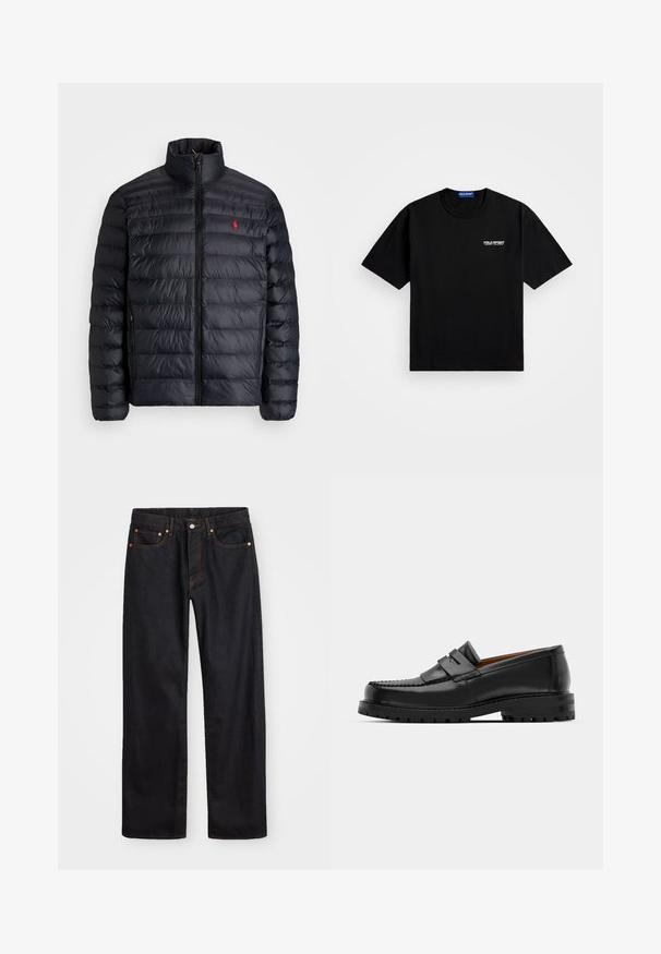 Melnā pūkainā jaka ar augstu apkakli, ar kvadrātkūtīgu tekstūru un priekšējo rāvējslēdzēju. Ievērojams sarkans logos uz krūtīm, divas sānu kabatas.; Melnas kokvilnas T-krekls ar apaļu dekoltē un īsām piedurknēm. Uz kreisā krūtīm atrodas "POLO SPORT" logo baltā krāsā. Standarta piegriezums.; Vīriešu taisno kāju melnie džinsi ar piecām kabatām un oranžu izšuvumu, ar pogu un zipa aizdari priekšējā jostas daļā.; Melni ādas loafers cepumi izceļas ar paceltu šuvu, divām dekoratīvām siksnām augšpusē un biezu teksturētu zoli labākai saķerei.