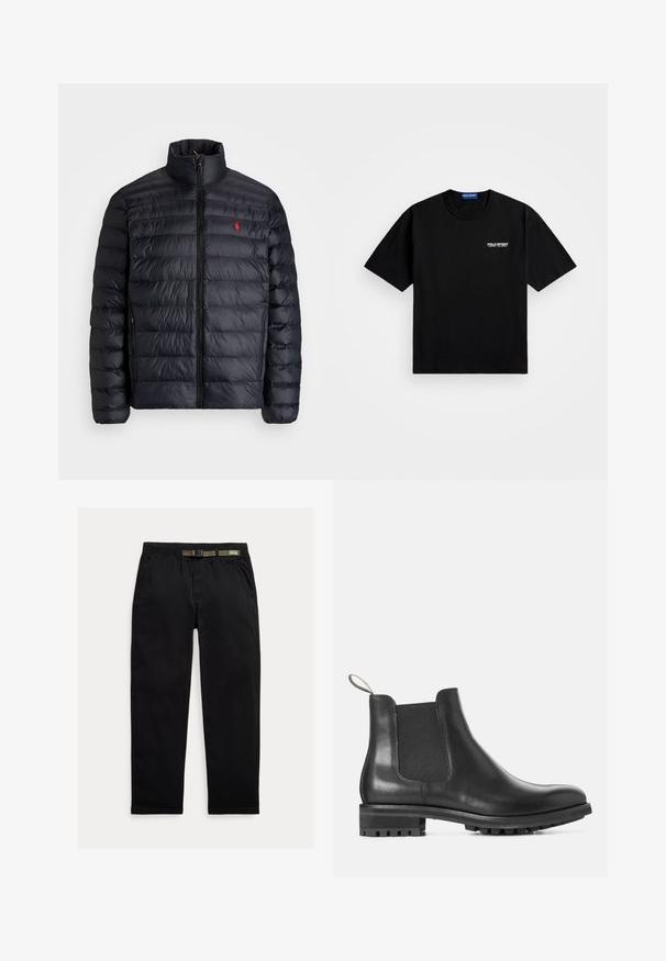Czarna kurtka puchowa z wysokim kołnierzem, posiadająca pikowaną strukturę i zamek z przodu. Wyraźne czerwone logo na piersi, dwa boczne kieszenie.; Czarna bawełniana koszulka z okrągłym dekoltem i krótkimi rękawami. Posiada logo "POLO SPORT" na lewej piersi w kolorze białym. Standardowy krój.; Czarne spodnie wykonane z lekkiego materiału, z elastycznym paskiem wbudowanym w zielony pas, prostą nogawką oraz bocznymi kieszeniami.; Czarne skórzane botki Chelsea z elastycznym panelem bocznym, zaokrąglonym noskiem i gumową podeszwą z teksturowanym bieżnikiem dla lepszej przyczepności.