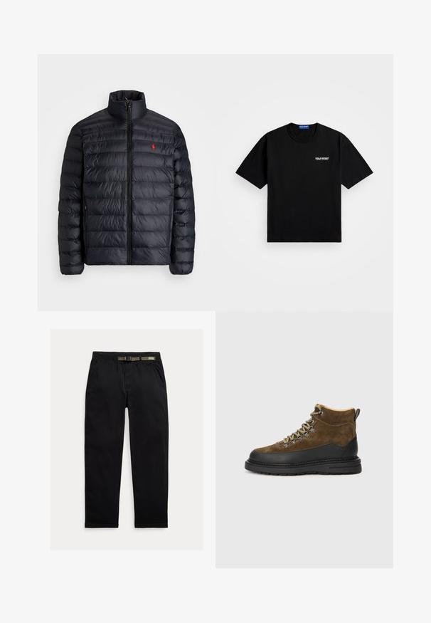 Black puffer jacket with a high collar, featuring quilted texture and a front zipper. Notable red logo on the chest, two side pockets.; Black cotton t-shirt with a round neckline and short sleeves. Features "POLO SPORT" logo on the left chest in white. Standard fit.; Black pants made of lightweight fabric, featuring an elastic waistband with an integrated green belt, straight-leg cut, and side pockets.; Brown suede hiking boot with black rubber sole, round toe, and green laces. Features a padded collar and pull tab for easy wear.