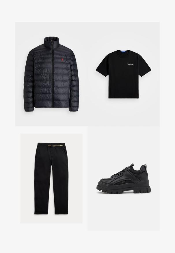Black puffer jacket with a high collar, featuring quilted texture and a front zipper. Notable red logo on the chest, two side pockets.; Black cotton t-shirt with a round neckline and short sleeves. Features "POLO SPORT" logo on the left chest in white. Standard fit.; Black pants made of lightweight fabric, featuring an elastic waistband with an integrated green belt, straight-leg cut, and side pockets.; Black chunky sneakers featuring a mix of leather and mesh materials, a thick sole, lace-up design, and a rear pull tab.