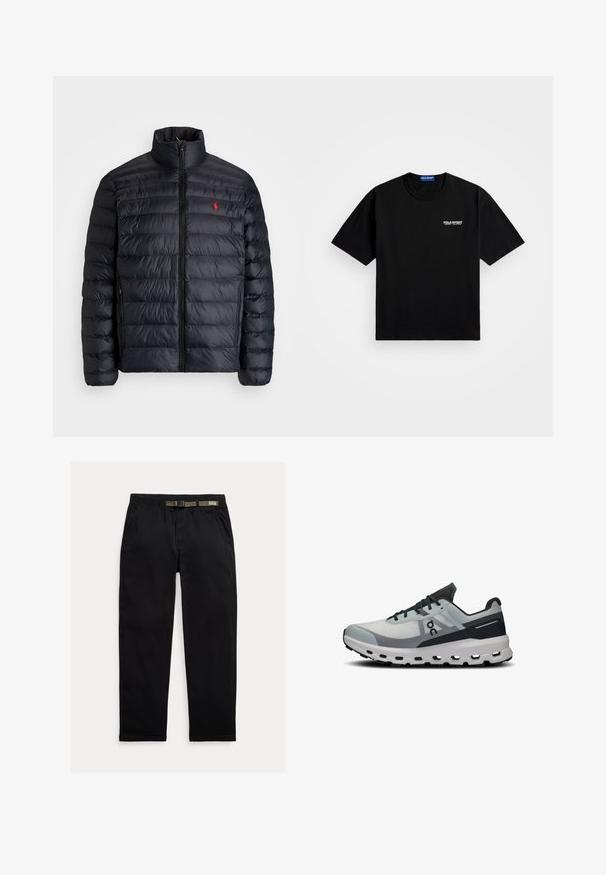 Chaqueta de abrigo negra con cuello alto, con textura acolchada y cremallera frontal. Logo rojo notable en el pecho, dos bolsillos laterales.; Camiseta de algodón negra con cuello redondo y mangas cortas. Presenta el logo de "POLO SPORT" en el lado izquierdo del pecho en blanco. Corte estándar.; Pantalones negros de tela ligera, con una cintura elástica que incluye un cinturón verde integrado, corte recto y bolsillos laterales.; Zapatilla de correr ligera en azul claro y negro, con una parte superior de malla, suela acolchada y recortes hexagonales para ventilación.