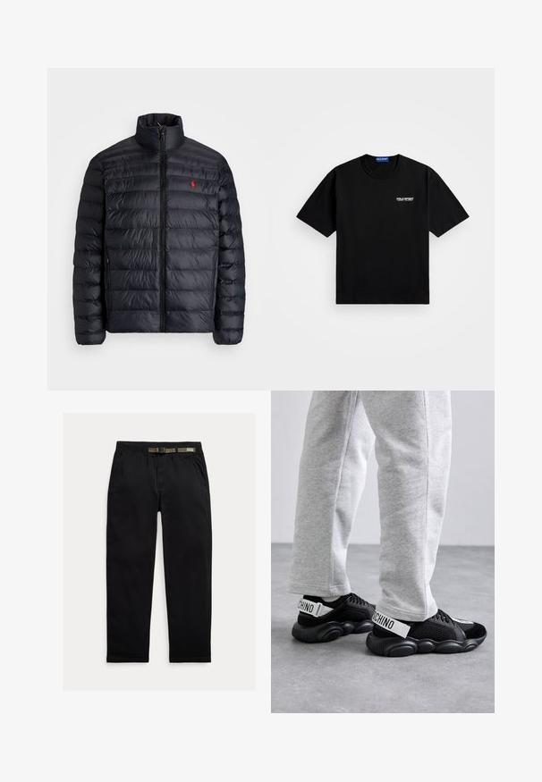 Svart puffjakke med høy krage, med kviltet tekstur og frontglidelås. Merkbar rød logo på brystet, to sidelommer.; Svart bomull T-skjorte med rund hals og korte ermer. Har "POLO SPORT" logo på venstre bryst i hvitt. Standard passform.; Sorte bukser laget av lett stoff, med strikk i midjen og en integrert grønn belte, rett ben-kutt og sidelommer.; MOSCHINO UOMO - Joggesko - nero/antracite