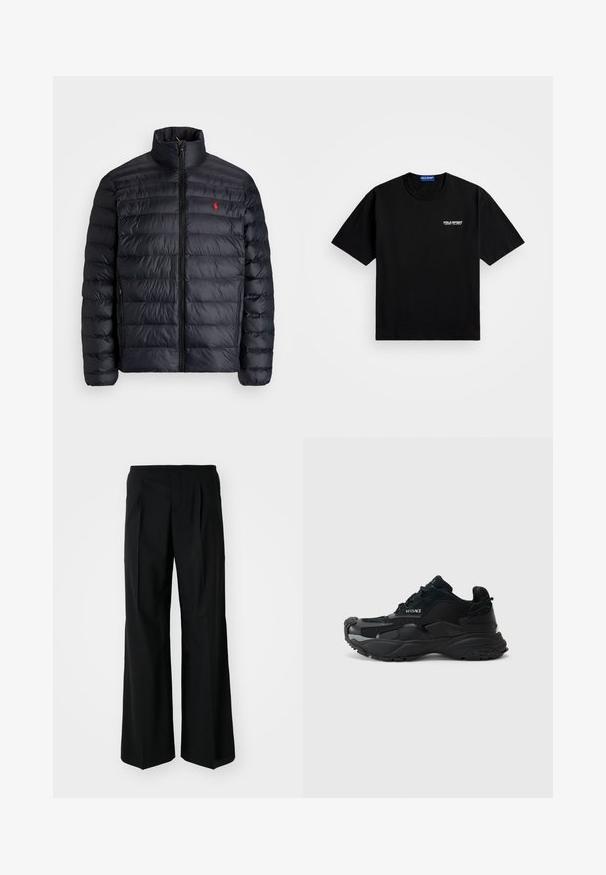 Fekete puffertakó magas gallérral, steppelt textúrával és elől cipzárral. Figyelemre méltó piros logóval a mellkason, két oldalsó zsebbel.; Fekete pamut póló kerek nyakkivágással és rövid ujjakkal. Bal mellen fehér "POLO SPORT" logóval rendelkezik. Normál fazon.; 032c OFFICE ATTIRE' WIDE LEG PANTS - Nadrágok - black; Fekete atlétikai sportcipők hálós és velúrból készült anyaggal, texturált talppal, lekerekített orral és a Versace logójával az oldalon.