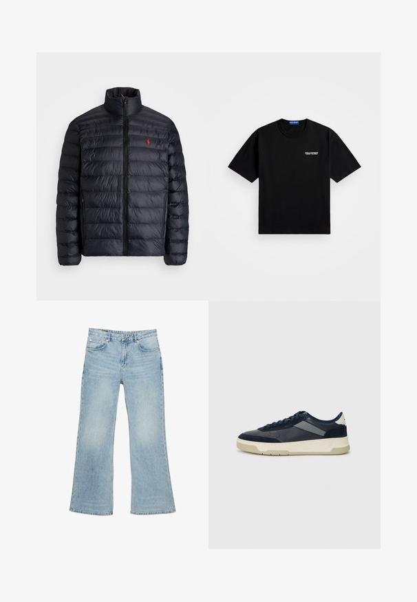Svart pufferjacka med hög krage, med kviltad struktur och dragkedja fram. Anmärkningsvärd röd logotyp på bröstet, två sidofickor.; Svart bomullströja med rund halsringning och korta ärmar. Har "POLO SPORT"-logotypen på vänster bröst i vitt. Standard passform.; Ljusblå denimjeans med en utställd bendesign, fem fickor och knäppning med knapp. Sliten textur ger visuell intresse.; BOSS BALTIMORE - Sneakers - open blue