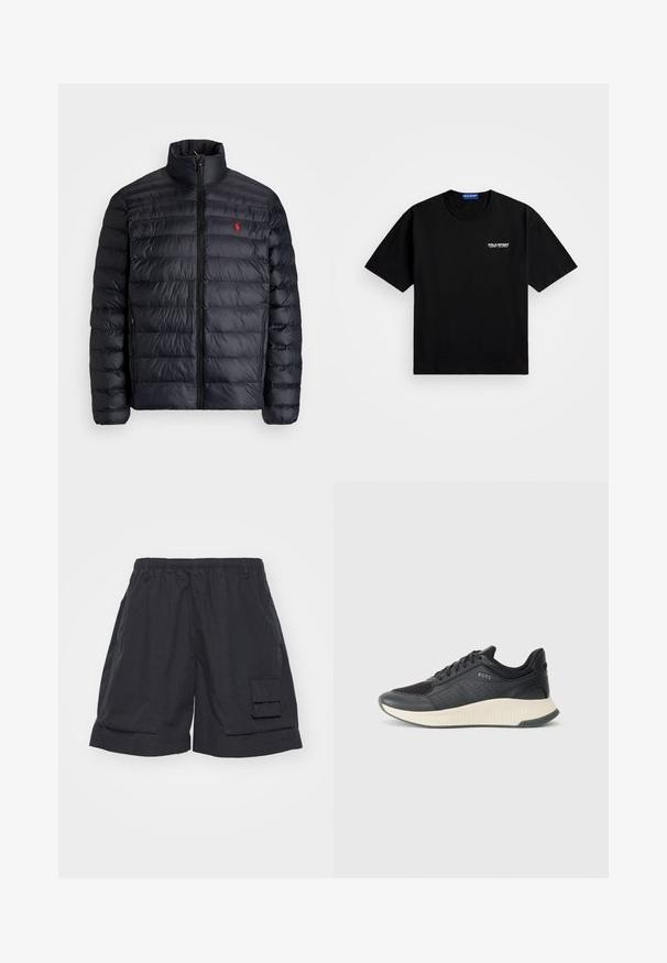 Juodas pūkuotas džemperis su aukštu apykakle, turintis siuvinėtą tekstūrą ir užtrauktuką priekyje. Pastebimas raudonas logotipas ant krūtinės, dvi šoninės kišenės.; Juodas medvilninis marškinėliai su apvaliu iškirpimu ir trumpomis rankovėmis. Kairėje krūtinės pusėje yra balta "POLO SPORT" logotipas. Standartinio kirpimo.; Juodi cargo šortai su elastinga juosmens linija, su šonine kišene ir laisvu sėdėjimu. Pagaminti iš lengvo audinio, su glotnia tekstūra.; Juodi sportiniai bateliai su tinkleliu, turintys perforacijas, tekstūruotą kremine spalvos tarpinę ir guminį pado paviršių geresniam sukibimui.