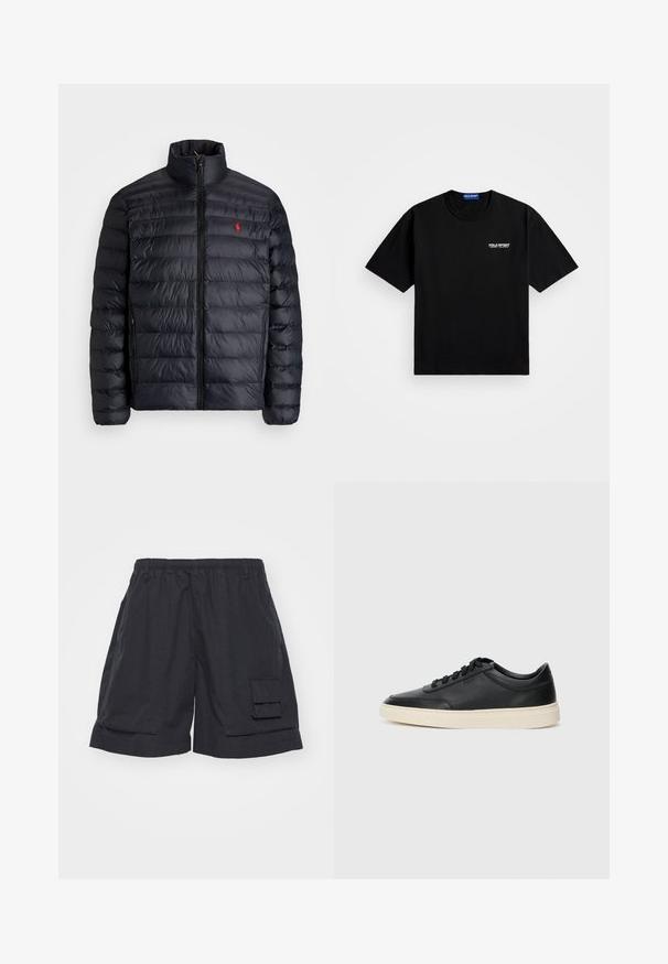 Juodas pūkuotas džemperis su aukštu apykakle, turintis siuvinėtą tekstūrą ir užtrauktuką priekyje. Pastebimas raudonas logotipas ant krūtinės, dvi šoninės kišenės.; Juodas medvilninis marškinėliai su apvaliu iškirpimu ir trumpomis rankovėmis. Kairėje krūtinės pusėje yra balta "POLO SPORT" logotipas. Standartinio kirpimo.; Juodi cargo šortai su elastinga juosmens linija, su šonine kišene ir laisvu sėdėjimu. Pagaminti iš lengvo audinio, su glotnia tekstūra.; Juoda žema viršutinė odinė sportbačiai su juodais raišteliais ir kreminiu padu, pateikti šoniniame profilyje ant baltos fono.