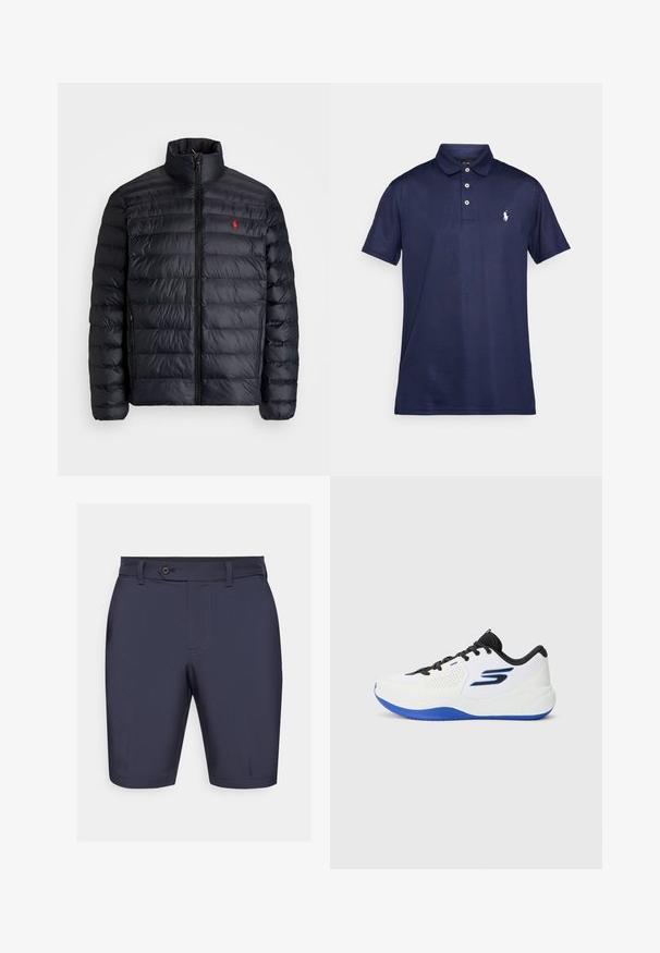 Black puffer jacket with a high collar, featuring quilted texture and a front zipper. Notable red logo on the chest, two side pockets.; Navy blue polo shirt made of cotton. Features a classic collar, three-button placket, and a small white embroidered logo on the chest.; Navy blue shorts with a flat front, button closure, belt loops, and subtle stitching details. Made from a smooth, lightweight fabric.; White athletic shoes with blue accents and black laces. Features mesh panels and a cushioned sole for support and comfort.