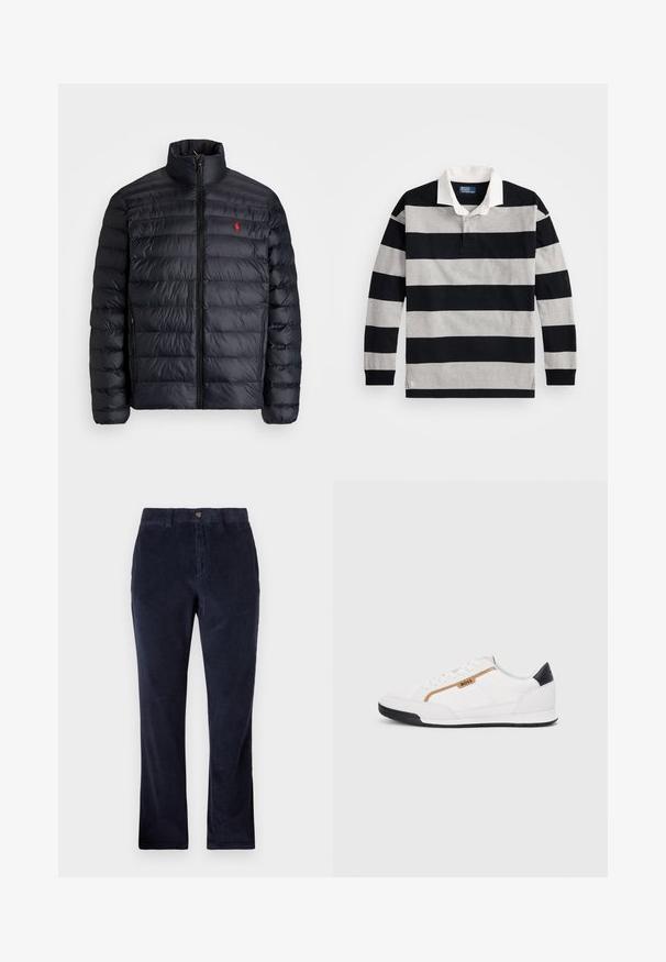 Doudoune noire avec col montant, présentant une texture matelassée et une fermeture éclair avant. Logo rouge bien visible sur la poitrine, deux poches latérales.; Polo à manches longues noir et gris à rayures avec un col blanc et un petit logo en accent sur l'ourlet inférieur. Matériau en coton doux.; Pantalons en corduroy bleu marine avec une coupe droite, dotés d'une fermeture à bouton, de passants de ceinture et d'un tissu à côtes texturé.; Baskets blanches avec des accents en maille et en cuir. Caractéristiques d'un logo "BOSS" doré, de panneaux latéraux texturés et d'un capuchon de talon noir. Semelle en caoutchouc.