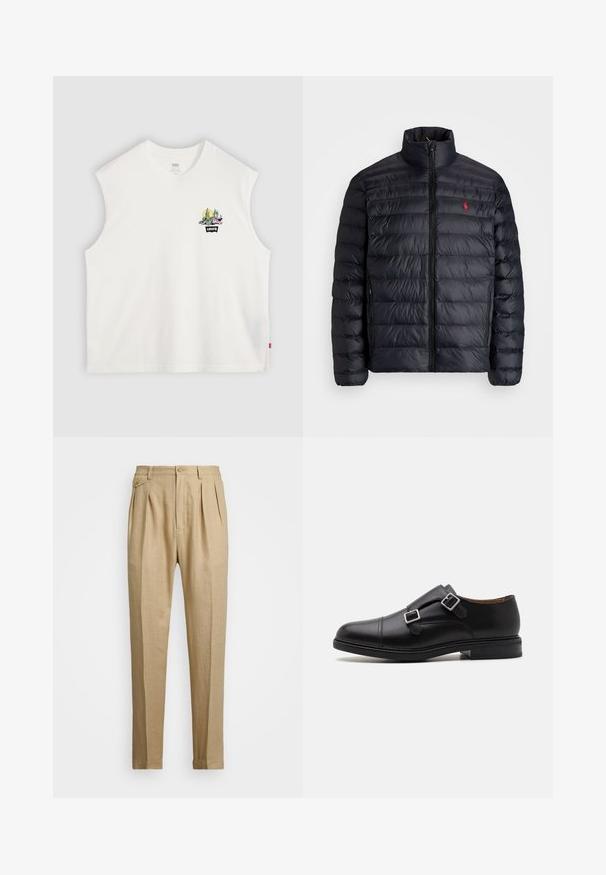 Casaco puffer preto com gola alta, apresentando textura acolchoada e um fecho à frente. Logotipo vermelho notável no peito, dois bolsos laterais.; Camiseta de algodão branca sem mangas com um gráfico colorido de cacto e o logotipo "Levi's" na frente. Design limpo e simples com um corte descontraído.; Calças de linho bege com corte reto, apresentando dois plissados frontais, fecho com botão e bolsos laterais. Tecido texturizado com um acabamento suave.; Sapata de couro preto com fecho de fivela dupla, biqueira arredondada, costura subtil e sola de borracha texturada e plana.