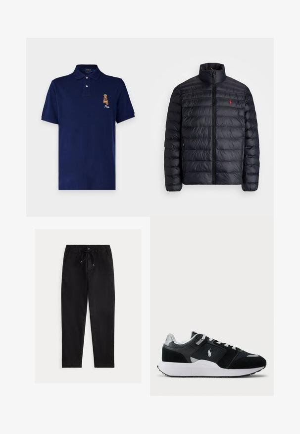 Musta puffatakki, jossa on korkea kaulus, tikkikuviointi ja etuvetoketju. Huomattava punainen logo rinnassa, kaksi sivutaskua.; Polo Ralph Lauren Pikeepaita - newport navy; Mustat, rento istuvuus housut, joissa on joustava vyötärö, nauhakuja ja etupocketit. Valmistettu sileästä, kevyestä kankaasta.; Musta ja valkoinen matala sneaker, jossa on verkko- ja mokkanahka yläosa, valkoiset nauhat, valkoinen pohja ja ratsastajalogolla varustettu sivu.