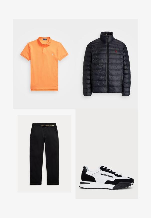 Svart puffjakke med høy krage, med kviltet tekstur og frontglidelås. Merkbar rød logo på brystet, to sidelommer.; Oransje polo skjorte laget av bomull med rund hals, korte ermer og en liten blå logo på venstre bryst. Myk tekstur, klassisk passform.; Sorte bukser laget av lett stoff, med strikk i midjen og en integrert grønn belte, rett ben-kutt og sidelommer.; Sko med svart gamasj og hvit skinn-overdel, med svart gummisåle, hvite lisser og en "POLO SPORT" logo på siden.