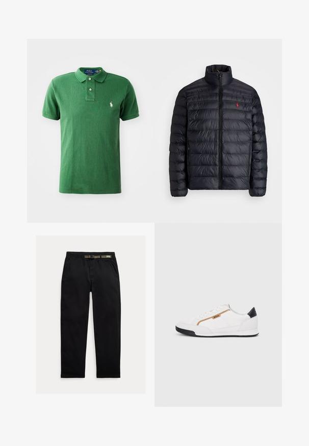 Černá péřová bunda s vysokým límcem, vybavená prošívanou texturou a předním zipem. Výrazné červené logo na hrudi, dvě boční kapsy.; Zelená polo tričko vyrobené z bavlny, s límečkem, třemi knoflíky a malým bílým logem na levé hrudi. Strukturovaná látka.; Černé kalhoty vyrobené z lehkého materiálu, s elastickým pasem a integrovaným zeleným páskem, rovného střihu a bočními kapsami.; Bílé sportovní boty s akcenty z meshe a kůže. Mají zlaté logo "BOSS", texturované boční panely a černý podpatek. Gumová podrážka.