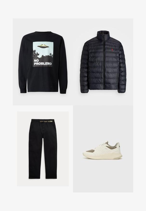 Black puffer jacket with a high collar, featuring quilted texture and a front zipper. Notable red logo on the chest, two side pockets.; Black long-sleeve t-shirt featuring a graphic of a flying saucer above trees and the text "NO PROBLEMO" in bold white letters.; Black pants made of lightweight fabric, featuring an elastic waistband with an integrated green belt, straight-leg cut, and side pockets.; White and light beige athletic sneaker, featuring a mesh upper, perforated detailing, and a textured midsole with branding on the heel.