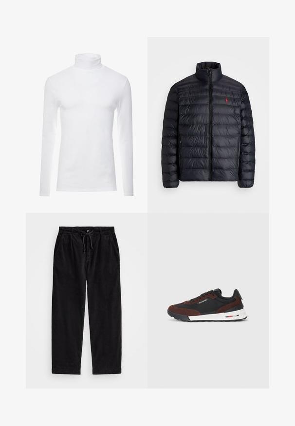 Melnā pūkainā jaka ar augstu apkakli, ar kvadrātkūtīgu tekstūru un priekšējo rāvējslēdzēju. Ievērojams sarkans logos uz krūtīm, divas sānu kabatas.; Balts garām piedurknēm augsto apkakli krekls, izgatavots no mīksta, elastīga auduma. Tam ir augsta apkakle un pieguļoša piegriezums, nodrošinot plūstošu siluetu.; Melnas korduroja bikses ar brīvu piegriezumu, ar elastīgu jostu un auklu, kā arī sānu kabatām. Audumam ir ribota tekstūra.; Tommy Hilfiger RETRO RUNNER MIX - Treniņu apavi - black/cocoa