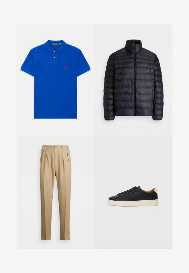 Melnā pūkainā jaka ar augstu apkakli, ar kvadrātkūtīgu tekstūru un priekšējo rāvējslēdzēju. Ievērojams sarkans logos uz krūtīm, divas sānu kabatas.; Zils īsām piedurknēm polo krekls ar diviem pogām, apkakli un mazu sarkanu izšuvumu logo kreisajā krūtī.; Bēšas lina bikses ar taisnu griezumu, ar divām priekšējām krokām, pogu aizdari un sānu kabatām. Strukturēta auduma virsma ar gludu apdari.; Melni ādas sporta apavi ar gludu tekstūru, bēša krāsas gumijas zole, auklu aizdare un kontrastējošs papēža akcents.