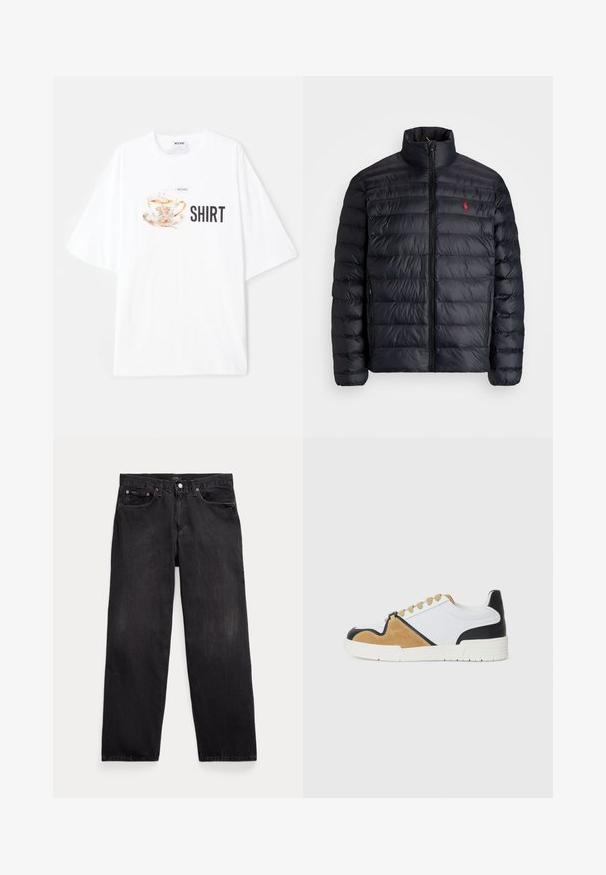 Black puffer jacket with a high collar, featuring quilted texture and a front zipper. Notable red logo on the chest, two side pockets.; White oversized t-shirt featuring a colorful tea cup graphic with floral details and the word "SHIRT" in bold black letters beneath.; Black denim jeans with a relaxed fit, featuring five pockets, a button fly, and subtle fading throughout the fabric.; Sneakers made of white textile with tan suede and black leather accents, featuring a rounded toe, flat lace-up design, and textured sole.