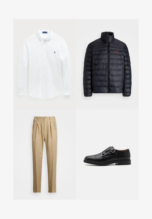 Chaqueta de abrigo negra con cuello alto, con textura acolchada y cremallera frontal. Logo rojo notable en el pecho, dos bolsillos laterales.; Camisa blanca de manga larga hecha de algodón, con colorín abotonado y un pequeño logo de polo azul en el pecho. Textura suave, corte clásico.; Pantalones de lino beige con corte recto, con dos pliegues frontales, cierre de botón y bolsillos laterales. Tejido texturizado con un acabado suave.; Zapato de vestir negro de cuero con cierre de doble hebilla, punta redonda, costuras sutiles y suela de goma plana y texturizada.