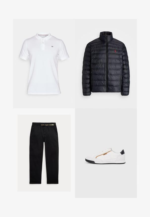 Casaco puffer preto com gola alta, apresentando textura acolchoada e um fecho à frente. Logotipo vermelho notável no peito, dois bolsos laterais.; Camisa polo branca feita de algodão, com colarinho e três botões. Um pequeno logo preto "CK" está no lado esquerdo do peito.; Calças pretas feitas de um tecido leve, com uma cintura elástica com um cinto verde integrado, corte reto e bolsos laterais.; Tênis atléticos brancos com detalhes em malha e couro. Apresenta um logotipo dourado "BOSS", painéis laterais texturizados e um capô de calcanhar preto. Sola em borracha.