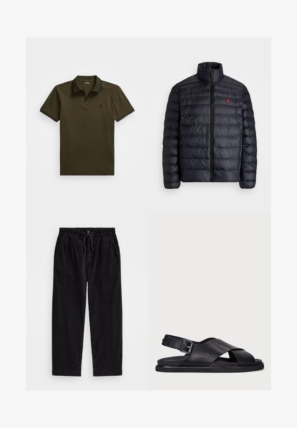 Svart pufferjacka med hög krage, med kviltad struktur och dragkedja fram. Anmärkningsvärd röd logotyp på bröstet, två sidofickor.; Olivgrön piggtröja med korta ärmar, zip-hals, ribbad krage och subtila marinblå detaljer. Har ett broderat logotyp på vänster bröst.; Svarta kordflamsbyxor med en avslappnad passform, med ett elastiskt midjeband och dragsko, samt sidofickor. Tyget har en ribbad struktur.; Polo Ralph Lauren ZANE LEATHER SANDAL - Sandaler - black