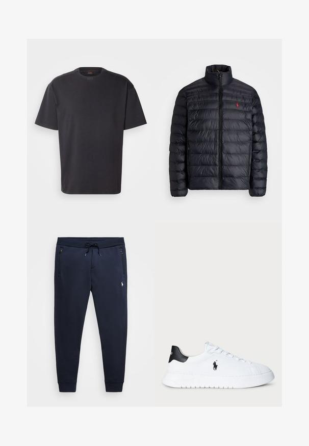 Casaco puffer preto com gola alta, apresentando textura acolchoada e um fecho à frente. Logotipo vermelho notável no peito, dois bolsos laterais.; T-shirt preto de mangas curtas feito de algodão, com decote redondo e uma marcação discreta na gola. Textura suave com um corte descontraído.; Calças de fato de treino azul-marinho, feitas de uma mistura de algodão suave, com cintura ajustável, bolsos com fecho éclair e um pequeno logótipo na coxa esquerda.; Sapatilhas brancas de cano baixo com tabuleiro de calcanhar preto e logótipo da Polo Ralph Lauren em preto na lateral, apresentando atacadores brancos e sola de borracha grossa.