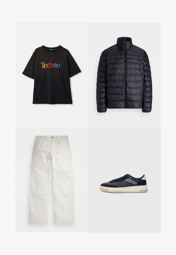 Melnā pūkainā jaka ar augstu apkakli, ar kvadrātkūtīgu tekstūru un priekšējo rāvējslēdzēju. Ievērojams sarkans logos uz krūtīm, divas sānu kabatas.; Melna īsām piedurknēm t-krekls ar uzrakstu "Techno" izdrukātu lielām, krāsainām burtiem krūšu rajonā, ar nelielu novecošanu ap kakla vietu.; Baltas kokvilnas bikses ar brīvu piegriezumu, ar priekšējiem kabatām, zelta detaļām un ceļgala ieliktņiem.; BOSS BALTIMORE - Sporta apavi - open blue