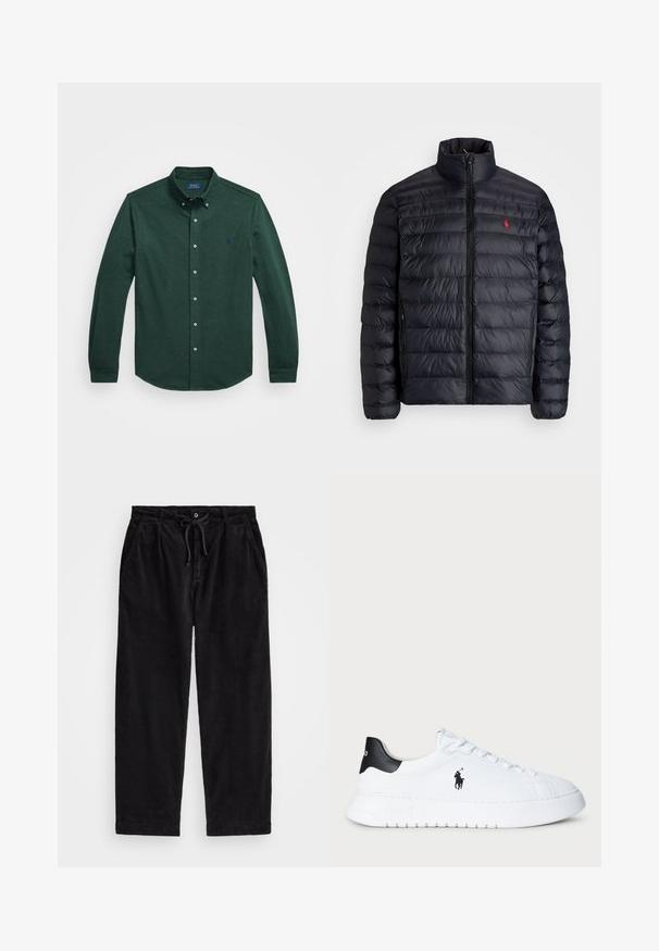 Fekete puffertakó magas gallérral, steppelt textúrával és elől cipzárral. Figyelemre méltó piros logóval a mellkason, két oldalsó zsebbel.; Sötét zöld, hosszú ujjú, gombos ing, gombolt gallérral és kis hímzett logóval a bal mellrészen, fehér háttér előtt.; Fekete kordbársonyfelső nadrág laza szabással, rugalmas derékpánttal és húzózsinórral, valamint oldalsó zsebekkel. Az anyag bordás textúrájú.; Fehér alacsony szárú sportcipő fekete saroktabbal és fekete Polo Ralph Lauren logóval az oldalon, fehér fűzőkkel és vastag gumitalppal.