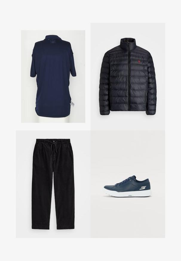 Svart pufferjacka med hög krage, med kviltad struktur och dragkedja fram. Anmärkningsvärd röd logotyp på bröstet, två sidofickor.; Navyblå pikétröja med krage, korta ärmar och en etikett på baksidan. Tillverkad av mjukt, andningsbart tyg med en lös passform.; Svarta kordflamsbyxor med en avslappnad passform, med ett elastiskt midjeband och dragsko, samt sidofickor. Tyget har en ribbad struktur.; Marinblå sneakers med slätt syntetiskt överdel, vadderad krage och vit sula. Har logotyp på sidan och platta snören för en säker passform.