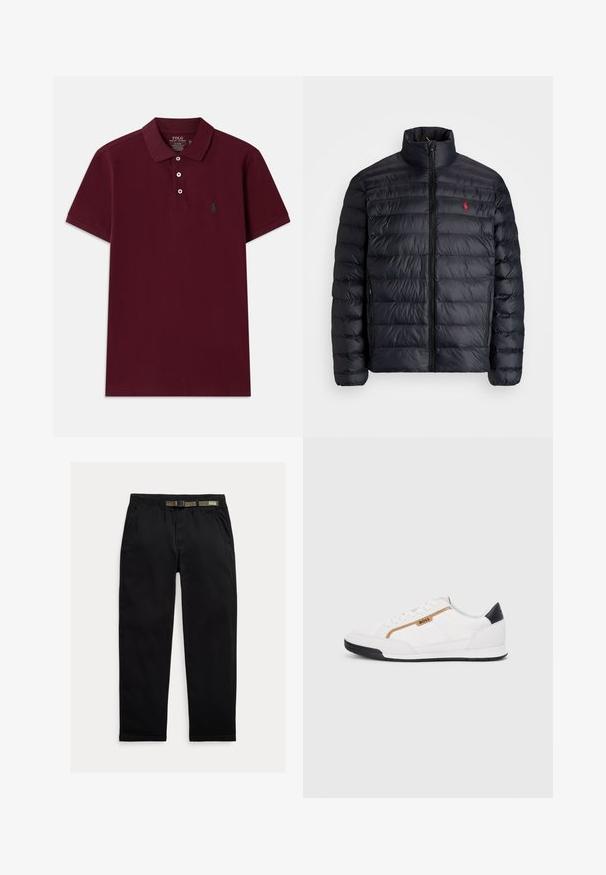 Črna napihnjena jakna z visokim ovratnikom, z quiltano teksturo in sprednjim zadrgo. Opazen rdeč logotip na prsih, dve stranski žepu.; Burgundska polo majica iz bombažnega materiala, z zapenjanjem na tri gumbe, kratkimi rokavi in vezenim zelenim logotipom na prsih.; Črne hlače iz lahkega blaga, z elastičnim pasom in vgrajenim zeleni pasom, ravne noge in stranskimi žepi.; Bele športne čevlje z mrežnimi in usnjenimi detajli. Opremljeni so z zlatim logotipom "BOSS", teksturiranimi stranskimi paneli in črnim kapcom na peti. Guma podplat.