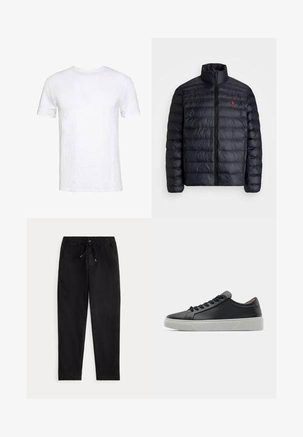 Svart pufferjacka med hög krage, med kviltad struktur och dragkedja fram. Anmärkningsvärd röd logotyp på bröstet, två sidofickor.; Vit kortärmad t-shirt i mjuk bomull med rund hals, enkel design och rak skärning, lämplig för avslappnad användning.; Svarta avslappnade byxor med elastiskt midjeband, snörning, framknapp och sidofickor, visade på en enfärgad bakgrund.; Svart lädersneaker med en slät yta, rund tå och svarta skosnören. Har en tjock, vit gummisula med subtila geometriska accenter.
