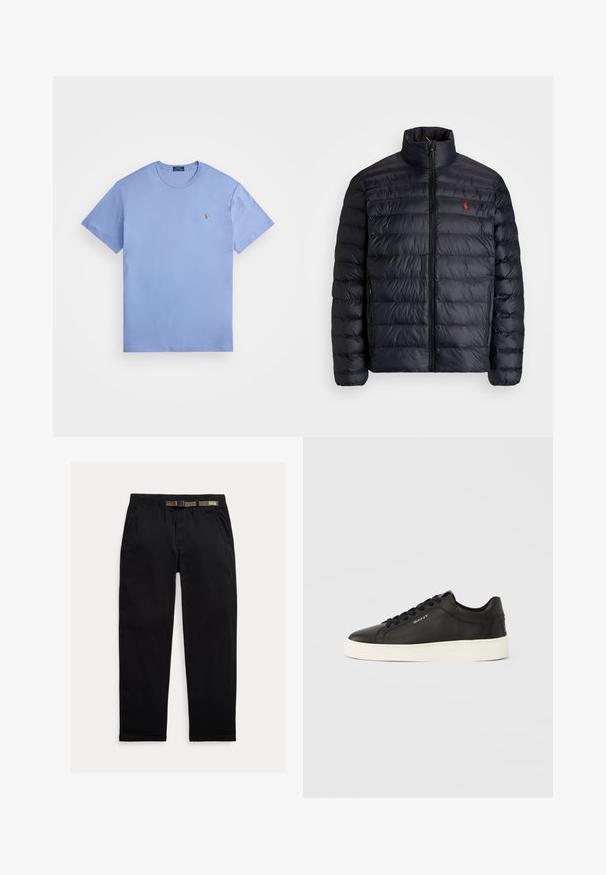 Casaco puffer preto com gola alta, apresentando textura acolchoada e um fecho à frente. Logotipo vermelho notável no peito, dois bolsos laterais.; Camisa de algodão de cor azul clara, com mangas curtas, decote redondo e um pequeno logótipo bordado no lado esquerdo do peito. Textura suave e corte clássico.; Calças pretas feitas de um tecido leve, com uma cintura elástica com um cinto verde integrado, corte reto e bolsos laterais.; Ténis de couro preto com sola de borracha branca, atacadores planos e detalhe de marca lateral. Textura lisa e design com biqueira arredondada.