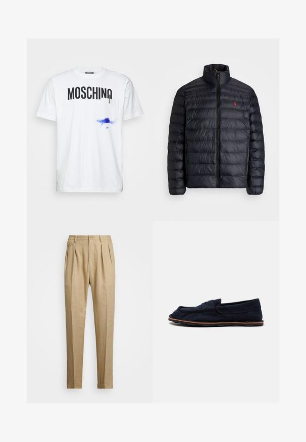 Svart puffjakke med høy krage, med kviltet tekstur og frontglidelås. Merkbar rød logo på brystet, to sidelommer.; MOSCHINO WITH LOGO PEN INK - T-shirts med print - white; Beige linbukser med rett snitt, med to frontfold, knappeåpning og sidelommer. Teksturt stoff med en glatt finish.; Marineblå kanvasbåtssko med flat såle, en sydd stropp over vristen og brune gummidetaljer på sålen for godt grep.