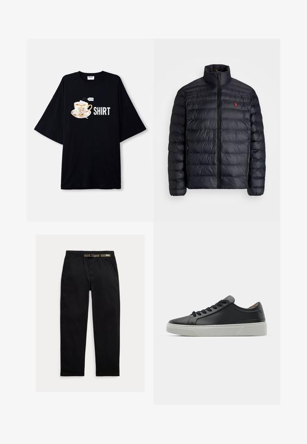 Melnā pūkainā jaka ar augstu apkakli, ar kvadrātkūtīgu tekstūru un priekšējo rāvējslēdzēju. Ievērojams sarkans logos uz krūtīm, divas sānu kabatas.; Melna pārmērīga t-krekls ar grafiku, kurā attēlots ziedu tējas tasītē ar tējas maisiņu, kā arī teksts "MOSCHINO" un "SHIRT" būtiskos baltos burtiem.; Melnas bikses, izgatavotas no viegla auduma, ar elastīgu jostu un integrētu zaļu jostu, taisna piegriezuma un sānu kabatām.; Melnas ādas sporta kurpes ar gludu tekstūru, apaļu purngalu un melnām auklām. Iezīmē biezs, balts gumijas zole ar smalkiem ģeometriskiem akcentiem.