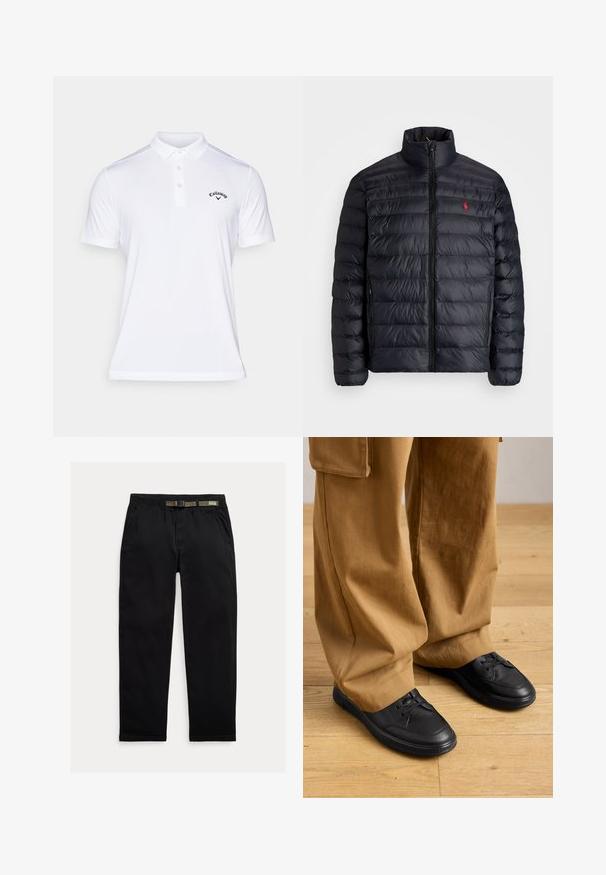 Sort pufferjakke med høj krave, præget med quiltet tekstur og lynlås foran. Bemærkelsesværdigt rødt logo på brystet, to sidelommer.; Callaway TOURNAMENT - Poloshirts - white; Sorte bukser lavet af letvægtsstof, med en elastisk talje og et integreret grønt bælte, lige ben og sidelommer.; Person iført løse brune bukser og sorte snørebåndssko, der står på trægulv.