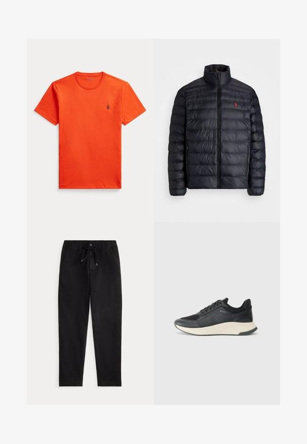 Černá péřová bunda s vysokým límcem, vybavená prošívanou texturou a předním zipem. Výrazné červené logo na hrudi, dvě boční kapsy.; Oranžové bavlněné tričko s kulatým výstřihem, krátkými rukávy a malým zeleným vyšitým logem na levé straně hrudi. Hladká textura.; Černé volné kalhoty se elastickým pasem, tkaničkou, předním knoflíkem a bočními kapsami, vystavené na jednoduchém pozadí.; Černá sportovní teniska s mřížkovou svrchní částí s perforacemi, texturovanou mezipodešví v krémové barvě a gumovou podešví pro lepší trakci.