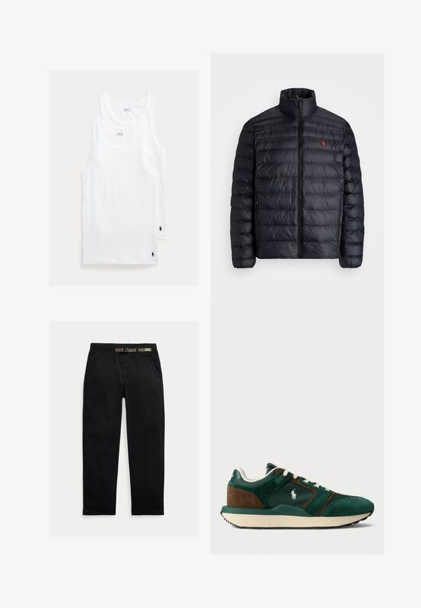 Must läikiv must puffer-jakk kõrge kraega, millel on distsiplineeritud õmmeldud tekstuur ja ettepoole avanev lukustus. Silmapaistev punane logo rinnal ja kaks küljetaskut.; Valge puuvillane kahest tank-topi komplekt, millel on klassikaline ümar kaelus ja väike tikitud logo vasakus alanurgas.; Kergedest kootud mustad püksid, millel on elastne vöökoht, integreeritud roheline vöö, sirge jalgade lõige ja küljetaskud.; Meeste spordijalatsid tumeroheline ja pruun nahk, koos võrkpaneelidega, valgete paeltega ja kummist tallaga. Küljel on logo.