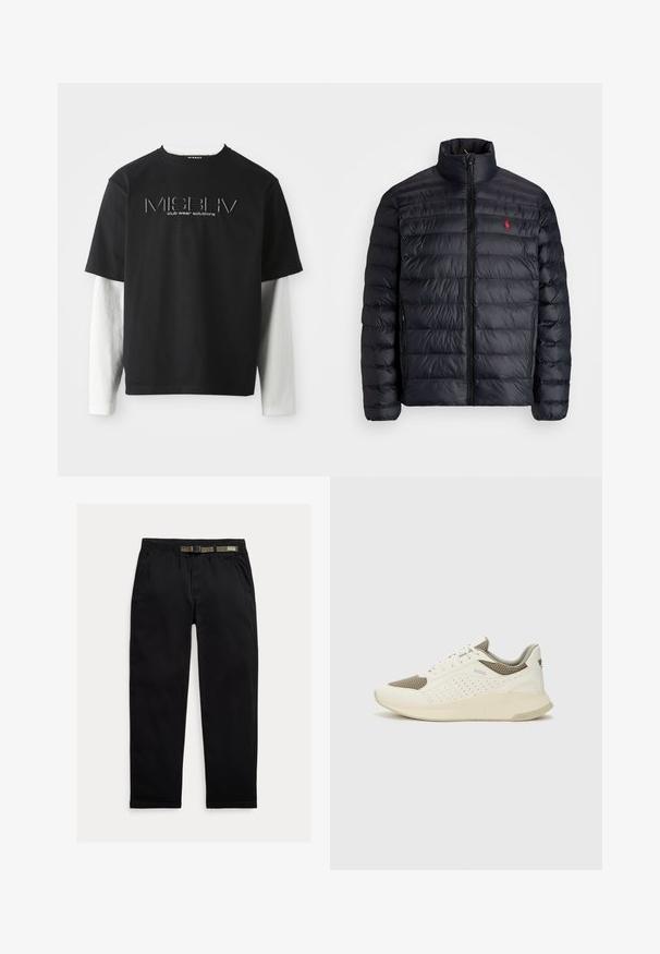 Juodas pūkuotas džemperis su aukštu apykakle, turintis siuvinėtą tekstūrą ir užtrauktuką priekyje. Pastebimas raudonas logotipas ant krūtinės, dvi šoninės kišenės.; Juodas trumpomis rankovėmis T-shirt, dėvimas ant baltų ilgomis rankovėmis, su MISBHV klubo drabužių sprendimų logotipu, centruotu ant krūtinės.; Juodos kelnės, pagamintos iš lengvo audinio, su elastinga juosta ir integruota žalia diržo dalimi, tiesaus kirpimo ir šonomis kišenėmis.; Baltas ir šviesiai bežinis sportinis kedas, su tinklo viršumi, perforuotais detalėmis ir tekstūruotu tarpine su logotipu ant kulno.