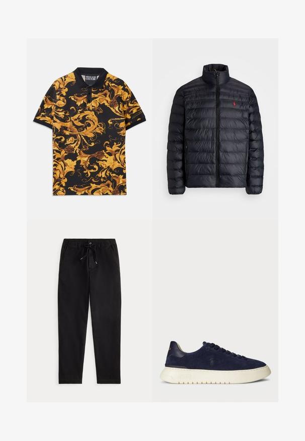 Μαύρο μπουφάν πούφρε με ψηλό γιακά, με ελαφρώς καπιτονέ υφή και μπροστινό φερμουάρ. Εντυπωσιακό κόκκινο λογότυπο στο στήθος, δύο πλαϊνές τσέπες.; Μαύρο πόλο μπλουζάκι με ζωντανό κίτρινο και καφέ σπειρωτό floral σχέδιο, με κλασικό γιακά και τρεις κουμπότρυπες.; Μαύρο casual παντελόνι με ελαστική ζώνη, κορδόνι προσαρμογής, μπροστινό κουμπί και πλαϊνές τσέπες, τοποθετημένο σε απλό φόντο.; Ναυτικό σουέτ χαμηλό αθλητικό παπούτσι με υφή, καουτσούκ σόλα και τονικές κορδόνες, που διαθέτει ένα μικρό λογότυπο στο πλάι και στην φτέρνα.