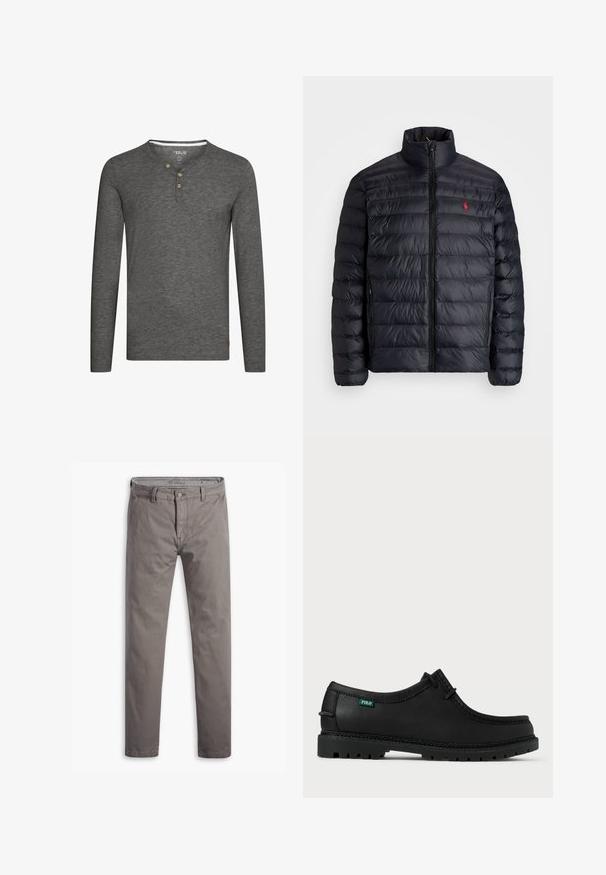 Black puffer jacket with a high collar, featuring quilted texture and a front zipper. Notable red logo on the chest, two side pockets.; Gray long-sleeve shirt with a henley neckline, three wooden buttons, and a small logo tag at the bottom left. Soft, textured fabric.; Gray chinos with a smooth texture, straight-leg design, standard five-pocket styling, and a metal button at the waist.; Black leather shoe with a low profile, round toe, and textured sole. Features green "POLO" tag and contrasting stitching along the edge.