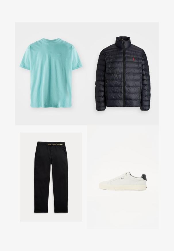 Juodas pūkuotas džemperis su aukštu apykakle, turintis siuvinėtą tekstūrą ir užtrauktuką priekyje. Pastebimas raudonas logotipas ant krūtinės, dvi šoninės kišenės.; Turkio kolorito medvilninis marškinėliai su trumpomis rankovėmis, apvaliu kaklu ir nedideliu baltu "Levi's" logotipu ant krūtinės. Minkšta tekstūra ir laisvas kirpimas.; Juodos kelnės, pagamintos iš lengvo audinio, su elastinga juosta ir integruota žalia diržo dalimi, tiesaus kirpimo ir šonomis kišenėmis.; Baltos odinės sportinės bateliai su tekstūruotu paviršiumi, juodu kulnas, apvali nosis ir juodas logotipas šone. Lengvas guminis padas.