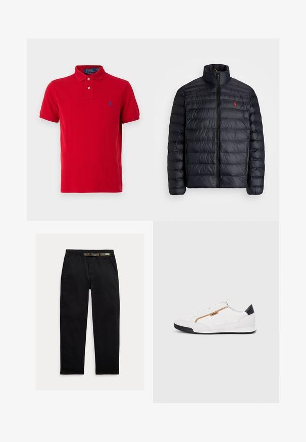 Svart puffjakke med høy krage, med kviltet tekstur og frontglidelås. Merkbar rød logo på brystet, to sidelommer.; Polo Ralph Lauren THE ICONIC MESH POLO SHIRT - Poloskjorter - martin red; Sorte bukser laget av lett stoff, med strikk i midjen og en integrert grønn belte, rett ben-kutt og sidelommer.; Hvite sporty sko med mesh- og lærdetaljer. Har en gull "BOSS"-logo, teksturerte sidepaneler og en svart hælbru. Gummisåle.