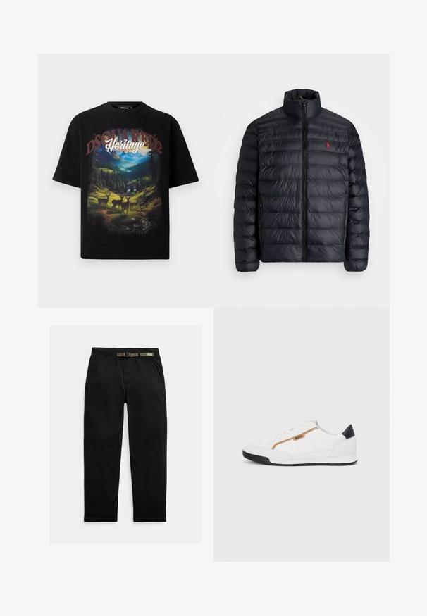 Svart puffjakke med høy krage, med kviltet tekstur og frontglidelås. Merkbar rød logo på brystet, to sidelommer.; Svart t-skjorte med korte ermer som har et fargerikt landskapsdesign med hjorter, fjell og teksten "DSQUARED2 Heritage" i fet skrift.; Sorte bukser laget av lett stoff, med strikk i midjen og en integrert grønn belte, rett ben-kutt og sidelommer.; Hvite sporty sko med mesh- og lærdetaljer. Har en gull "BOSS"-logo, teksturerte sidepaneler og en svart hælbru. Gummisåle.
