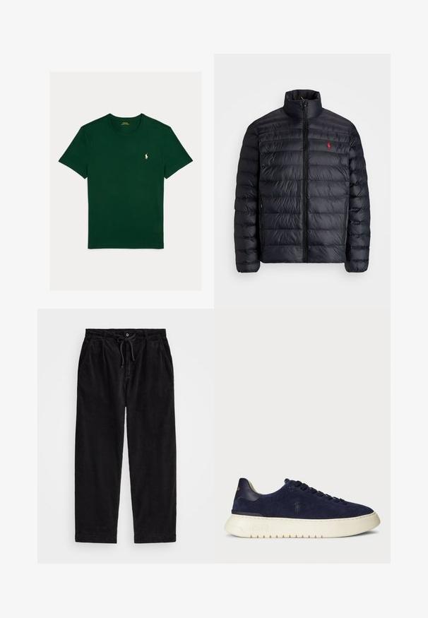 Casaco puffer preto com gola alta, apresentando textura acolchoada e um fecho à frente. Logotipo vermelho notável no peito, dois bolsos laterais.; Polo Ralph Lauren CUSTOM SLIM FIT JERSEY CREWNECK T-SHIRT - T-shirt básica - moss agate; Calças de veludo cotelê pretas com um ajuste relaxado, apresentando uma cintura elástica com cordão e bolsos laterais. O tecido apresenta uma textura canalizada.; Sapatilha baixa em camurça azul-marinho com uma superfície texturizada, sola de borracha e atacadores tonais, apresentando um pequeno logótipo de lado e no calcanhar.