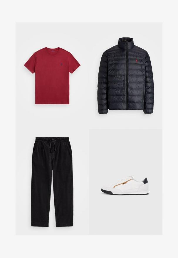 Casaco puffer preto com gola alta, apresentando textura acolchoada e um fecho à frente. Logotipo vermelho notável no peito, dois bolsos laterais.; Polo Ralph Lauren CUSTOM SLIM FIT JERSEY CREWNECK T-SHIRT - T-shirt básica - bordeaux; Calças de veludo cotelê pretas com um ajuste relaxado, apresentando uma cintura elástica com cordão e bolsos laterais. O tecido apresenta uma textura canalizada.; Tênis atléticos brancos com detalhes em malha e couro. Apresenta um logotipo dourado "BOSS", painéis laterais texturizados e um capô de calcanhar preto. Sola em borracha.