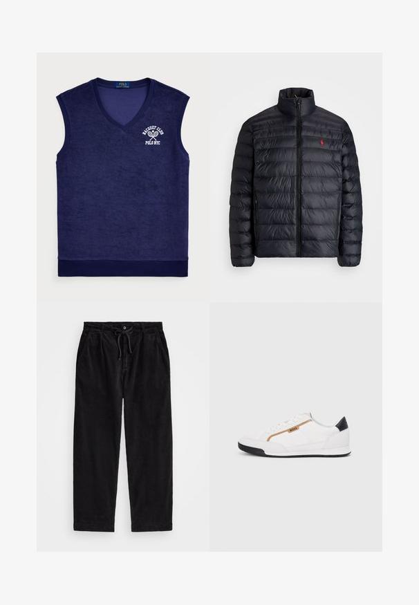 Casaco puffer preto com gola alta, apresentando textura acolchoada e um fecho à frente. Logotipo vermelho notável no peito, dois bolsos laterais.; Pólo sem mangas azul marinho em material de toalha de felpo; apresenta um decote em V, gola canelada e um logótipo branco com raquetes de ténis.; Calças de veludo cotelê pretas com um ajuste relaxado, apresentando uma cintura elástica com cordão e bolsos laterais. O tecido apresenta uma textura canalizada.; Tênis atléticos brancos com detalhes em malha e couro. Apresenta um logotipo dourado "BOSS", painéis laterais texturizados e um capô de calcanhar preto. Sola em borracha.